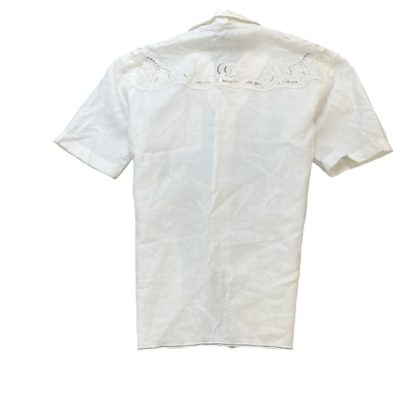 Men's Linen Embroidered Detail Short Sleeve Shirt White Size XL