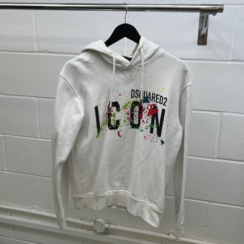 Men's Icon Logo Paint Splatter Hoodie White Size S