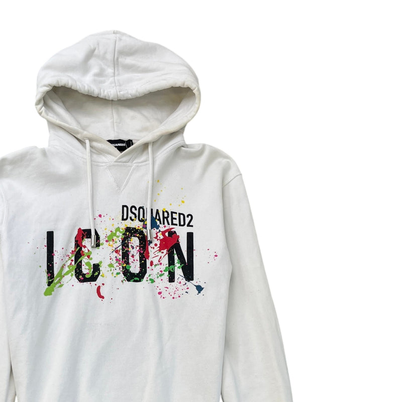 Men's Icon Logo Paint Splatter Hoodie White Size S