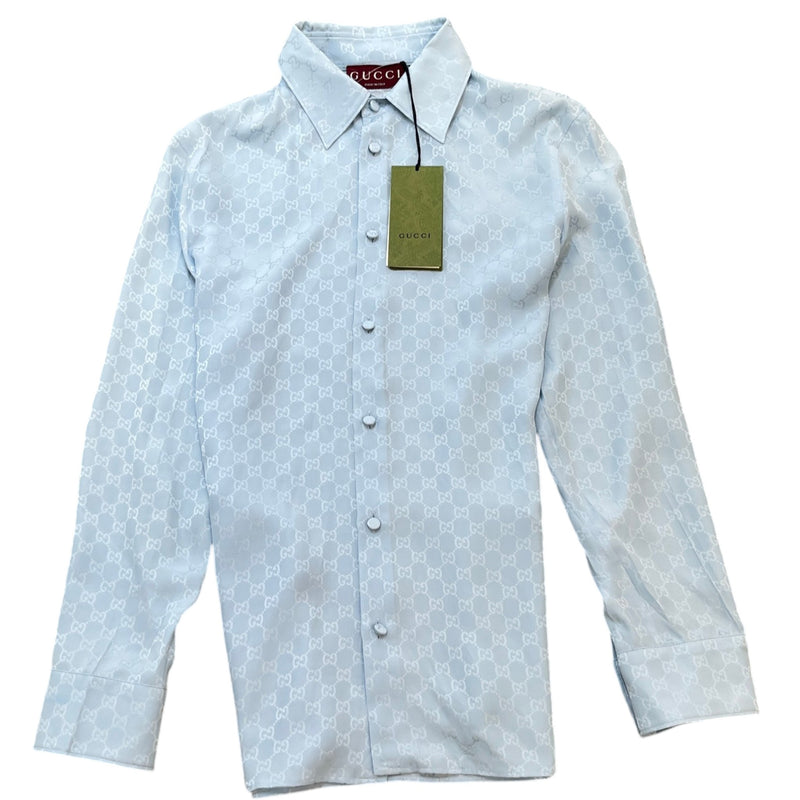 Men's GG Silk Jacquard Long Sleeve Shirt Blue Size S