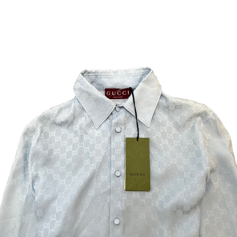 Men's GG Silk Jacquard Long Sleeve Shirt Blue Size S