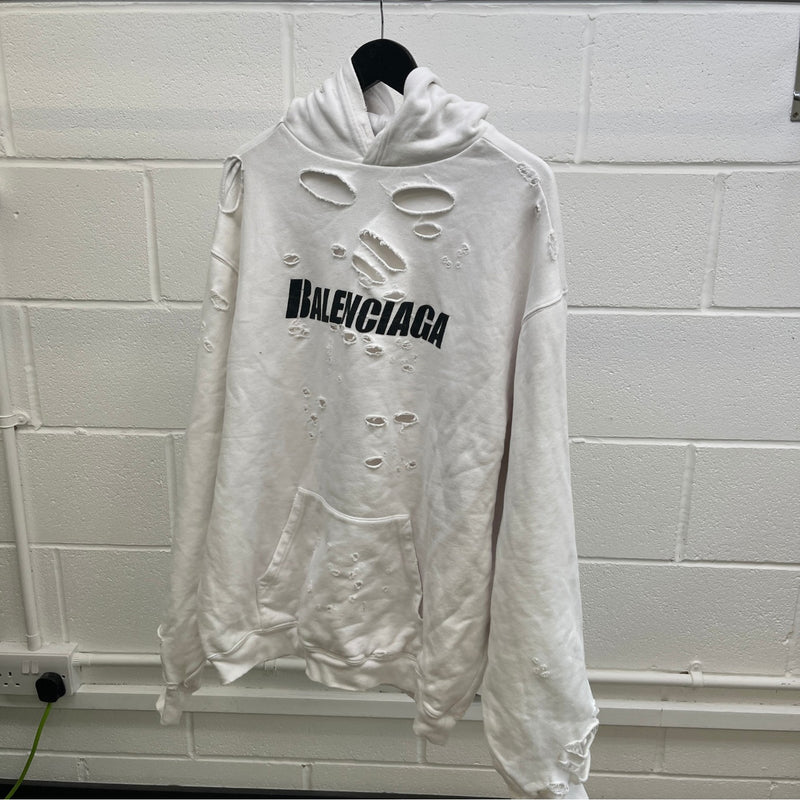 Men's Oversized Distressed Logo Hoodie White Size XS