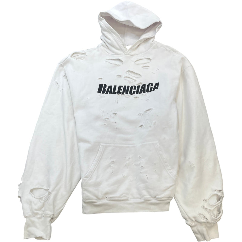 Men's Oversized Distressed Logo Hoodie White Size XS