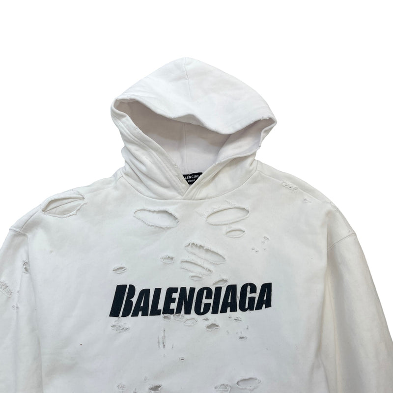 Men's Oversized Distressed Logo Hoodie White Size XS