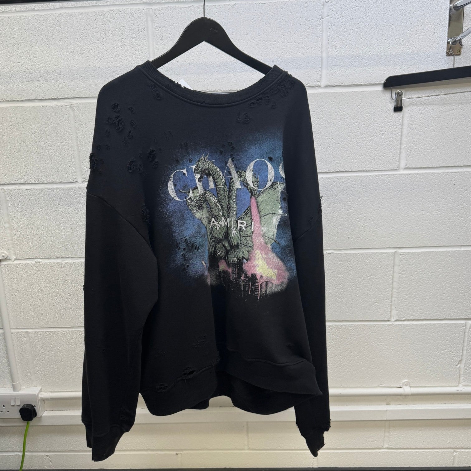 Men's Chaos City Dragon Distressed Sweatshirt Black Size XL - Photo 7