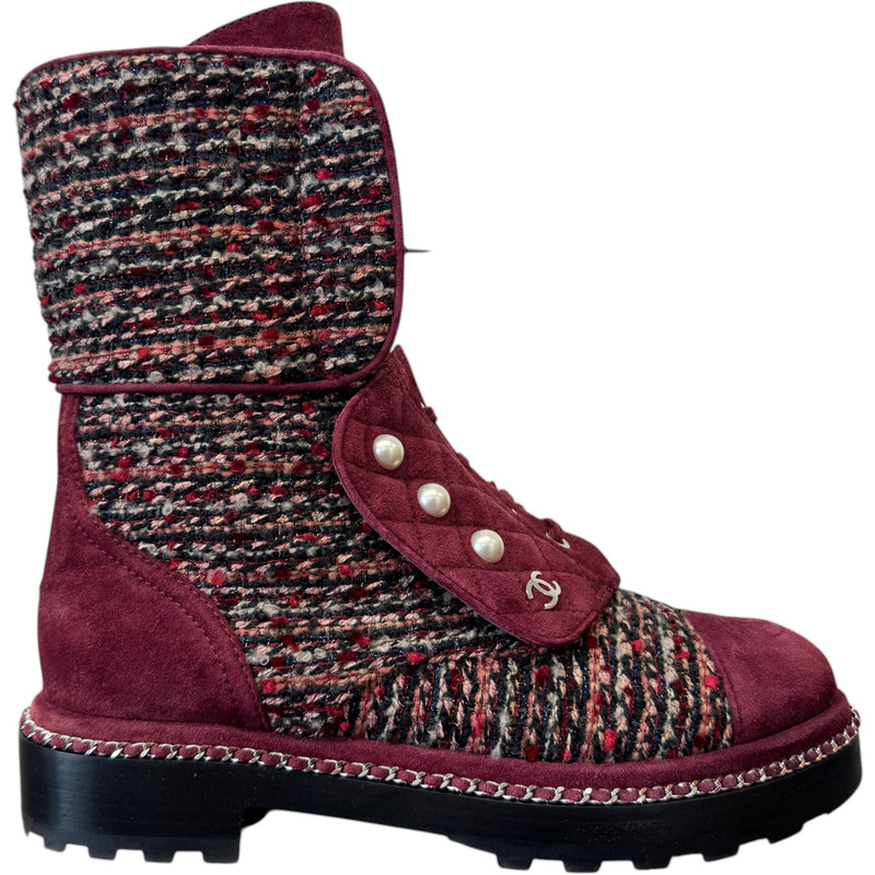 Women's Tweed Pearl Combat Boots Burgundy Size UK 5.5 / EU 38.5