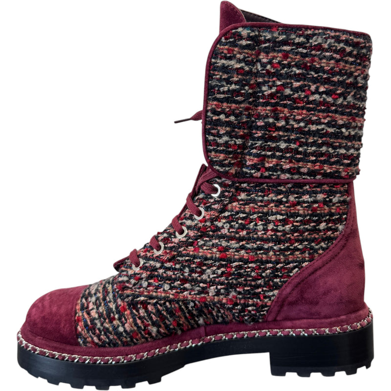 Women's Tweed Pearl Combat Boots Burgundy Size UK 5.5 / EU 38.5