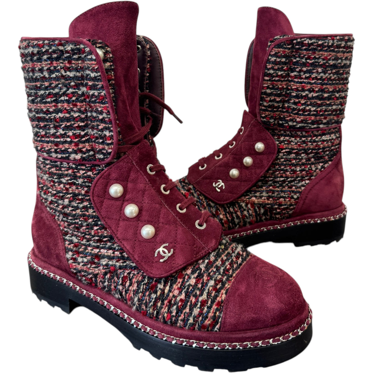 Women's Tweed Pearl Combat Boots Burgundy Size UK 5.5 / EU 38.5 - Photo 3