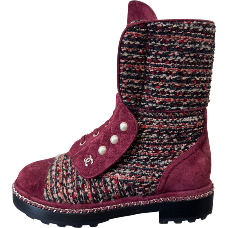 Women's Tweed Pearl Combat Boots Burgundy Size UK 5.5 / EU 38.5