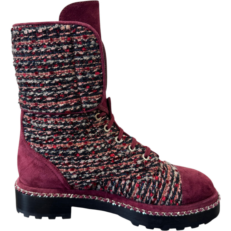 Women's Tweed Pearl Combat Boots Burgundy Size UK 5.5 / EU 38.5