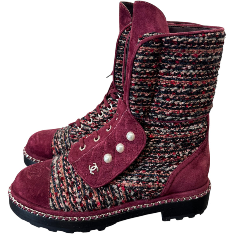 Women's Tweed Pearl Combat Boots Burgundy Size UK 5.5 / EU 38.5