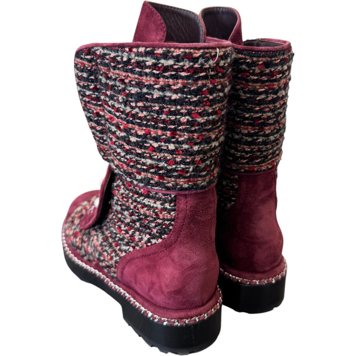Women's Tweed Pearl Combat Boots Burgundy Size UK 5.5 / EU 38.5 - Photo 8