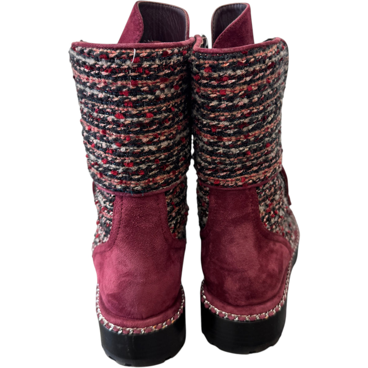 Women's Tweed Pearl Combat Boots Burgundy Size UK 5.5 / EU 38.5 - Photo 9