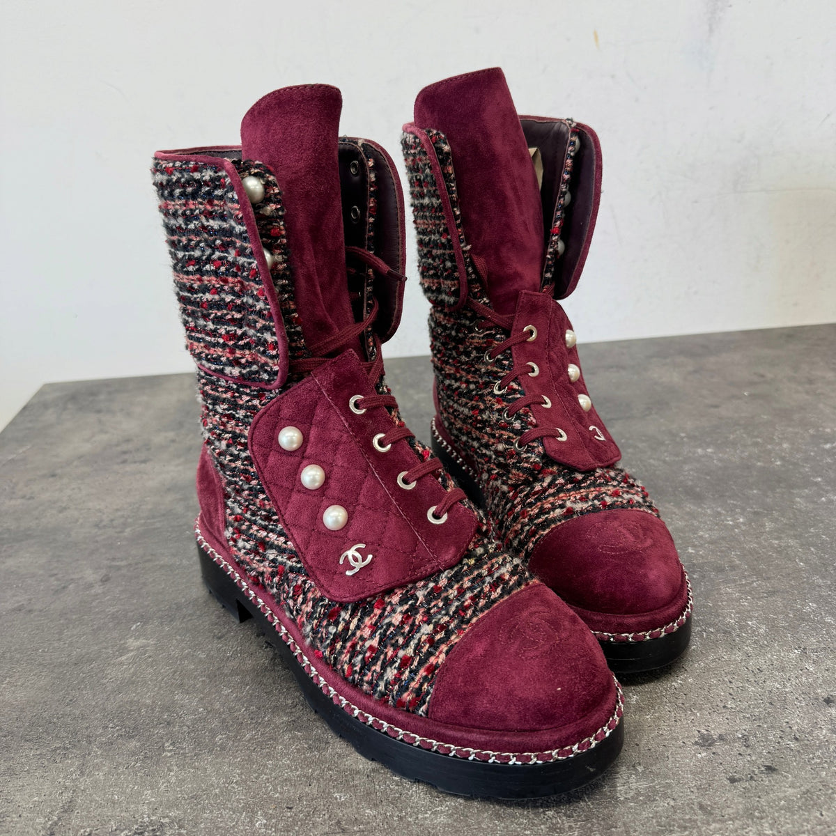 Women's Tweed Pearl Combat Boots Burgundy Size UK 5.5 / EU 38.5 - Photo 11