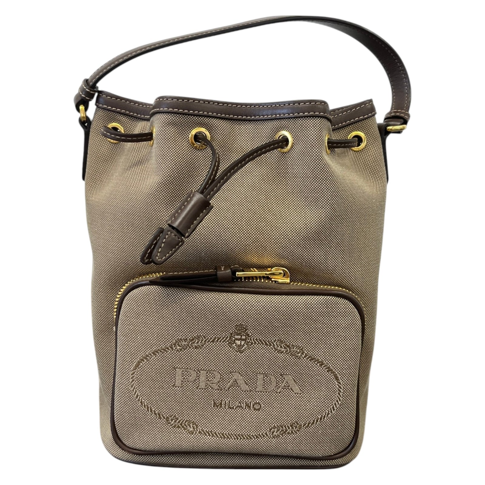 Women's Embroidered Logo Bucket Bag Beige - Photo 1