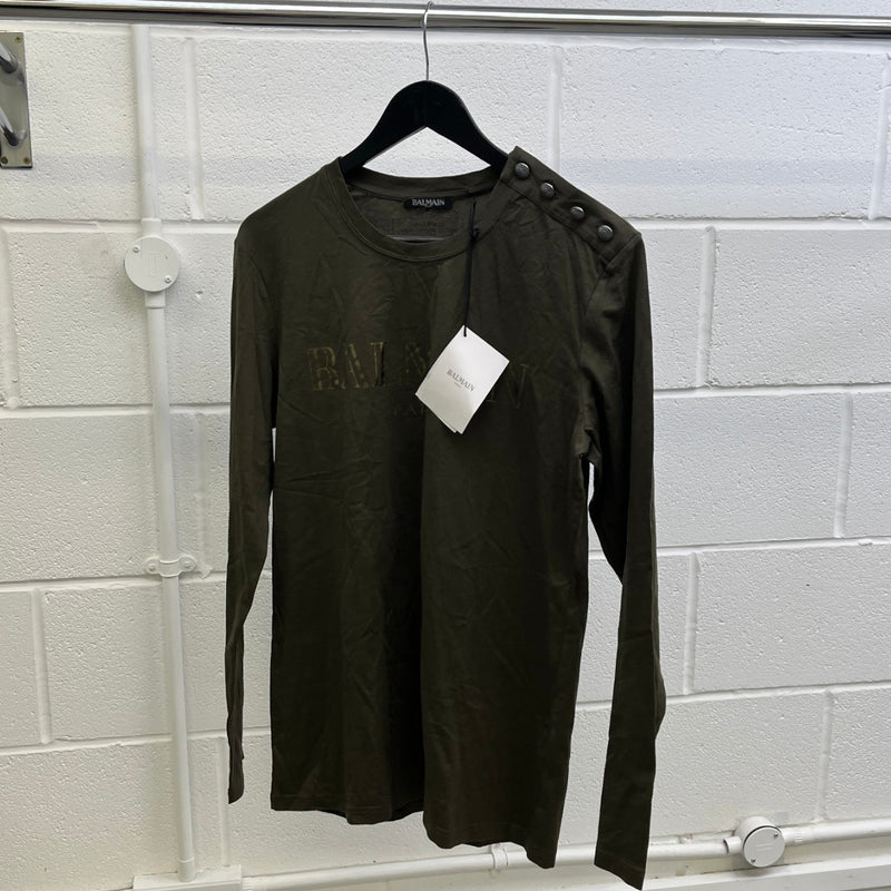 Women's Logo Print Button Long Sleeve T-Shirt Khaki Size M
