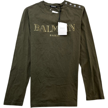 Women's Logo Print Button Long Sleeve T-Shirt Khaki Size M