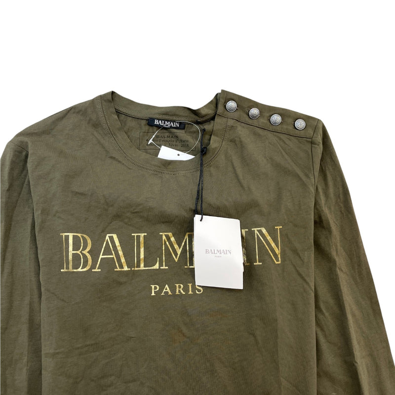 Women's Logo Print Button Long Sleeve T-Shirt Khaki Size M