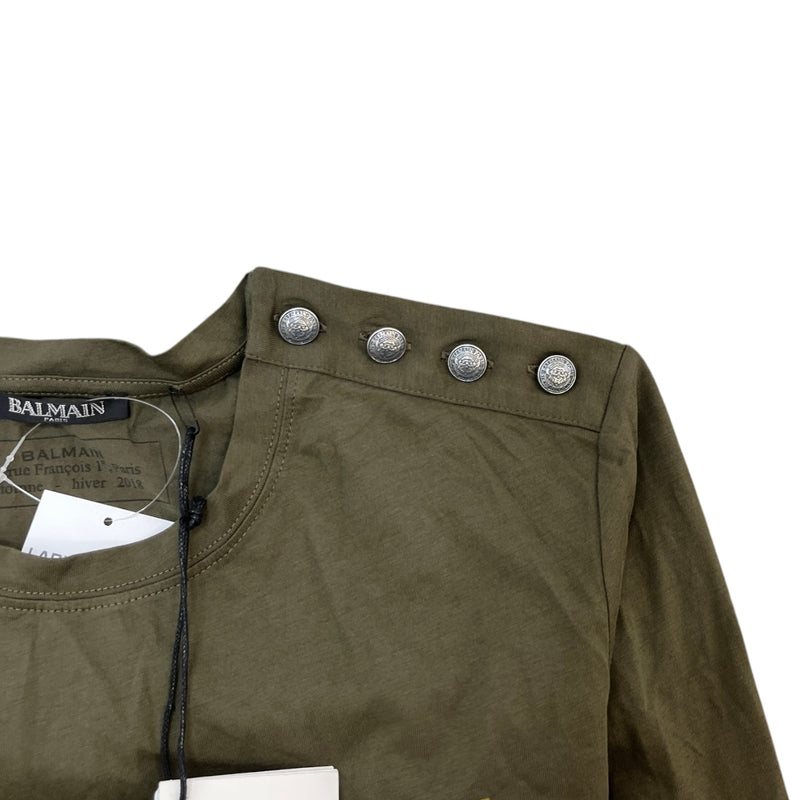Women's Logo Print Button Long Sleeve T-Shirt Khaki Size M