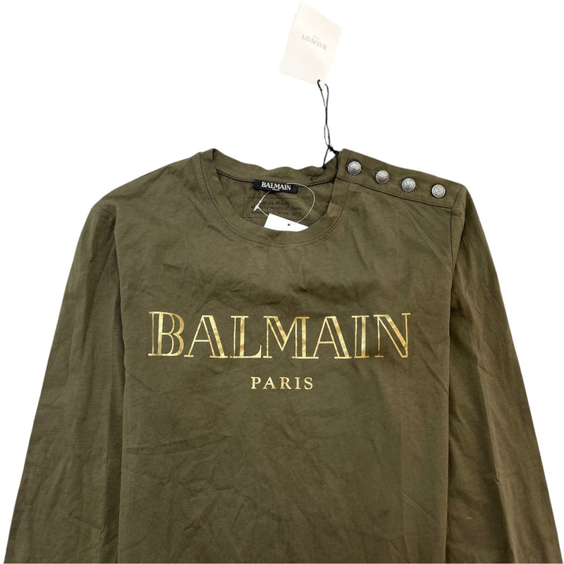Women's Logo Print Button Long Sleeve T-Shirt Khaki Size M