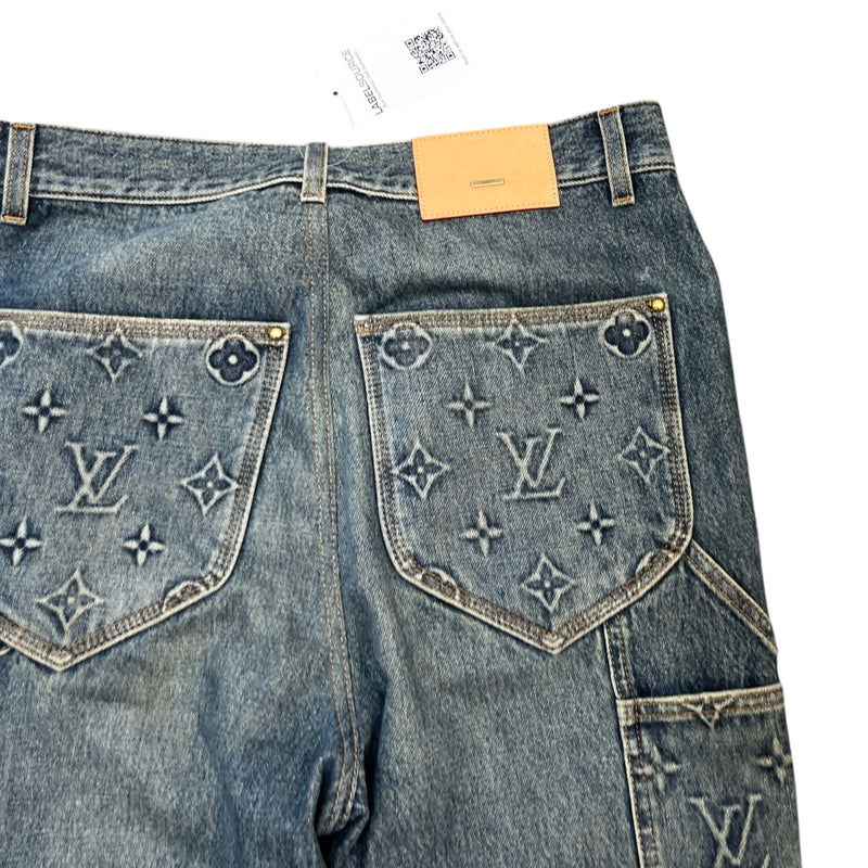 Men's Embossed Double Knee Carpenter Jeans Blue Size M / W32