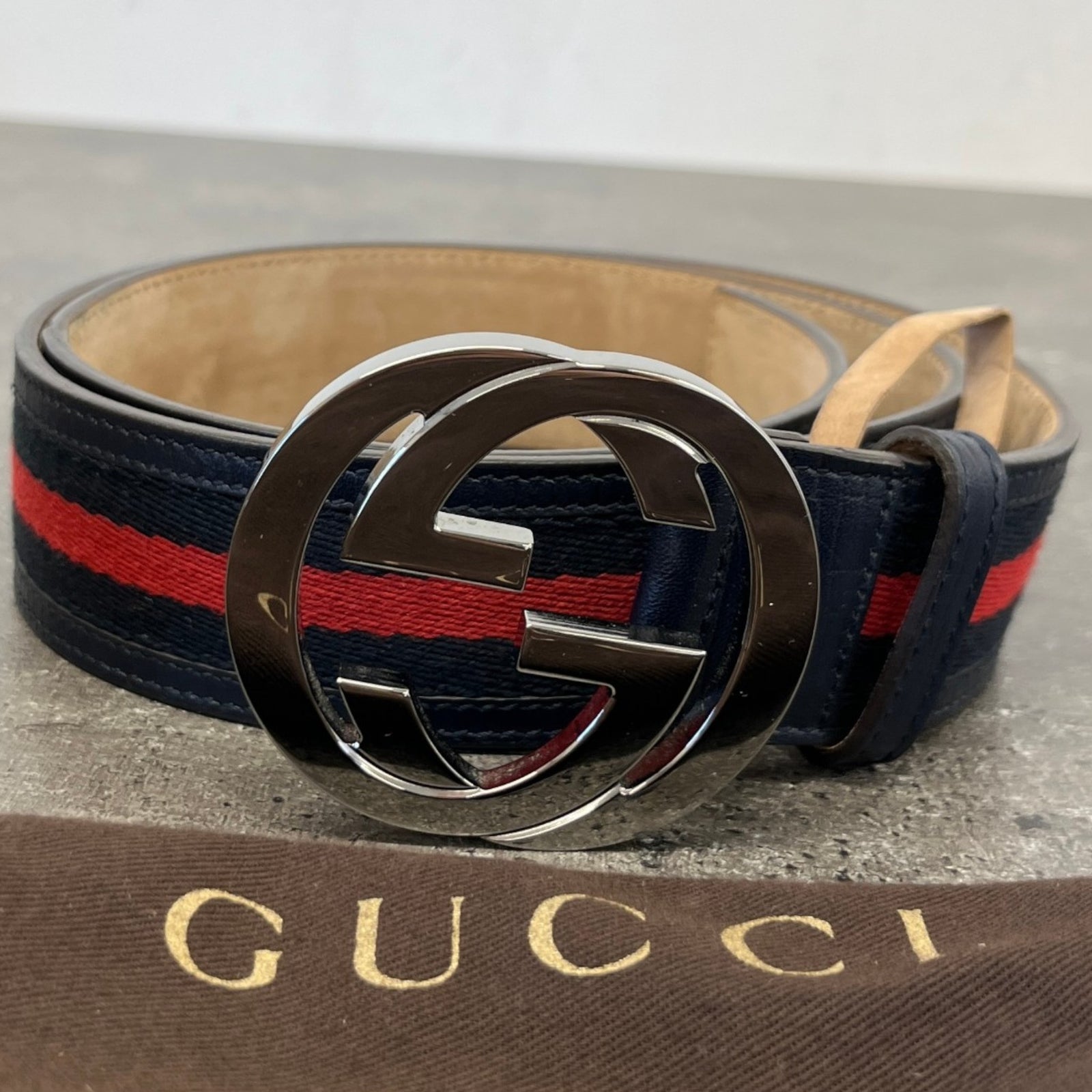 Men's Interlocking G Web Belt Navy Size 30" - Photo 8