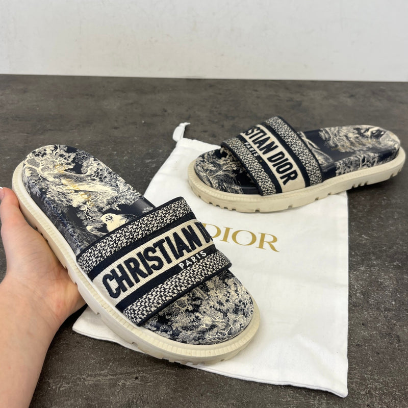 Women's Dway Toile De Jouy Slides Navy Size EU 37.5 / UK 4.5