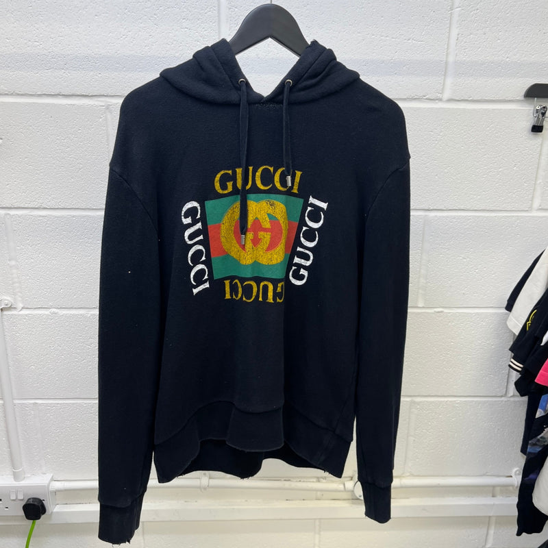 Men's Distressed Logo Print Hoodie Black Size S