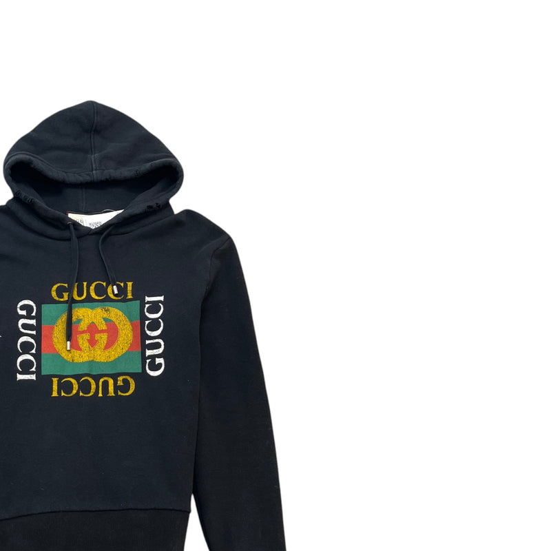 Men's Distressed Logo Print Hoodie Black Size S
