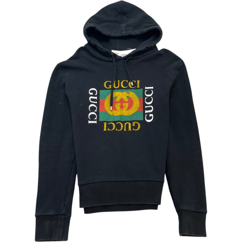 Men's Distressed Logo Print Hoodie Black Size S