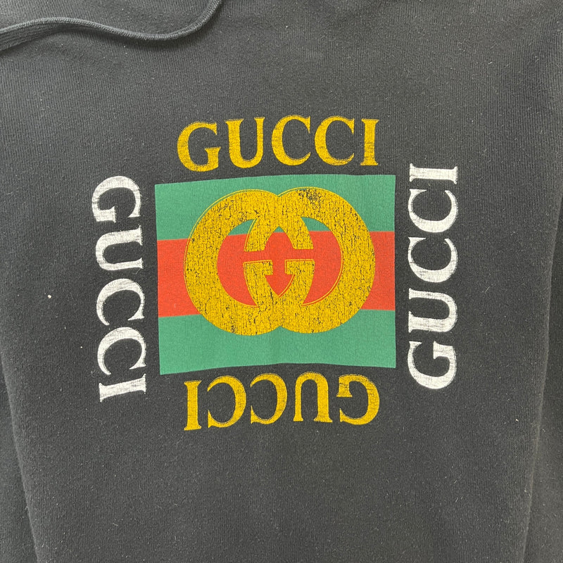 Men's Distressed Logo Print Hoodie Black Size S