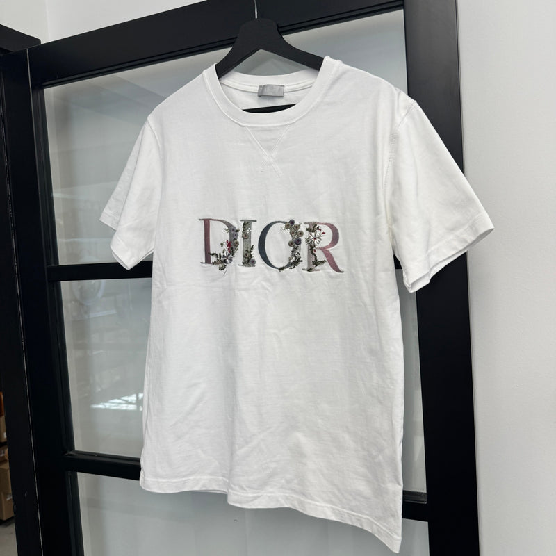 Men's Flowers Embroidered T-Shirt White Size S