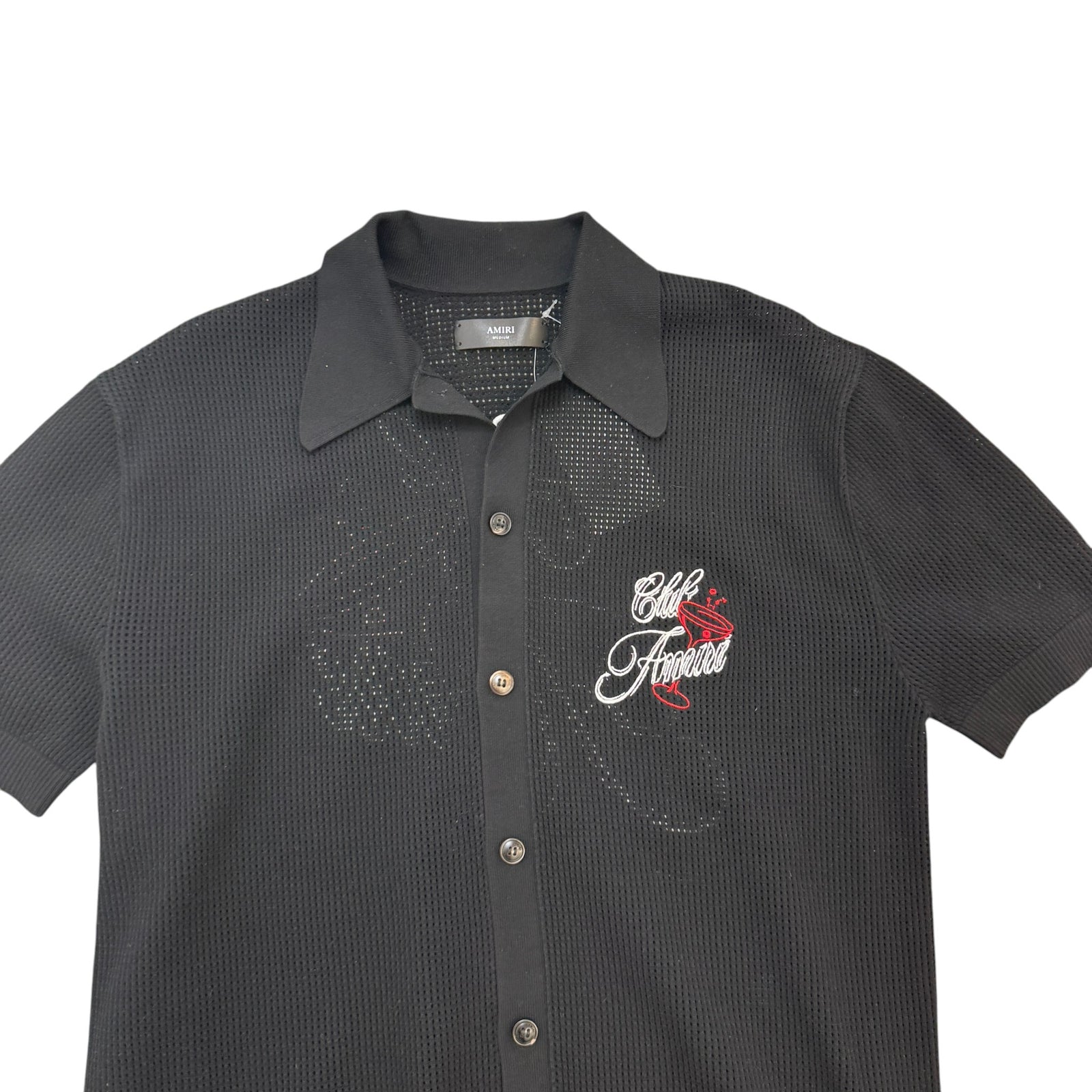 Men's Embroidered Club Amiri Crochet Short Sleeve Shirt Black Size M - Photo 3