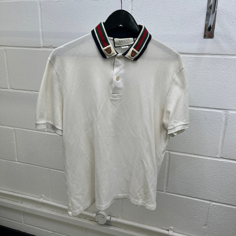 Men's Tiger Embroidered Logo Polo Shirt White Size L