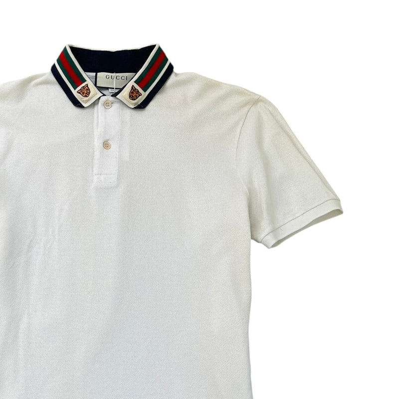 Men's Tiger Embroidered Logo Polo Shirt White Size L