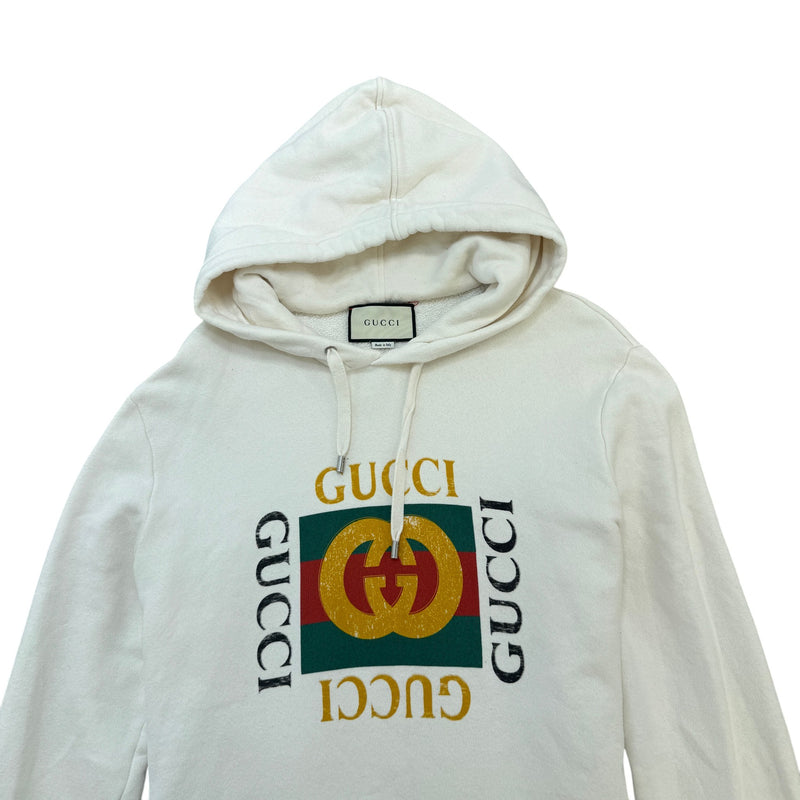 Men's Distressed Logo Print Hoodie White Size L