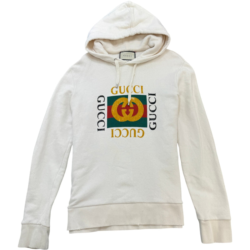 Men's Distressed Logo Print Hoodie White Size L