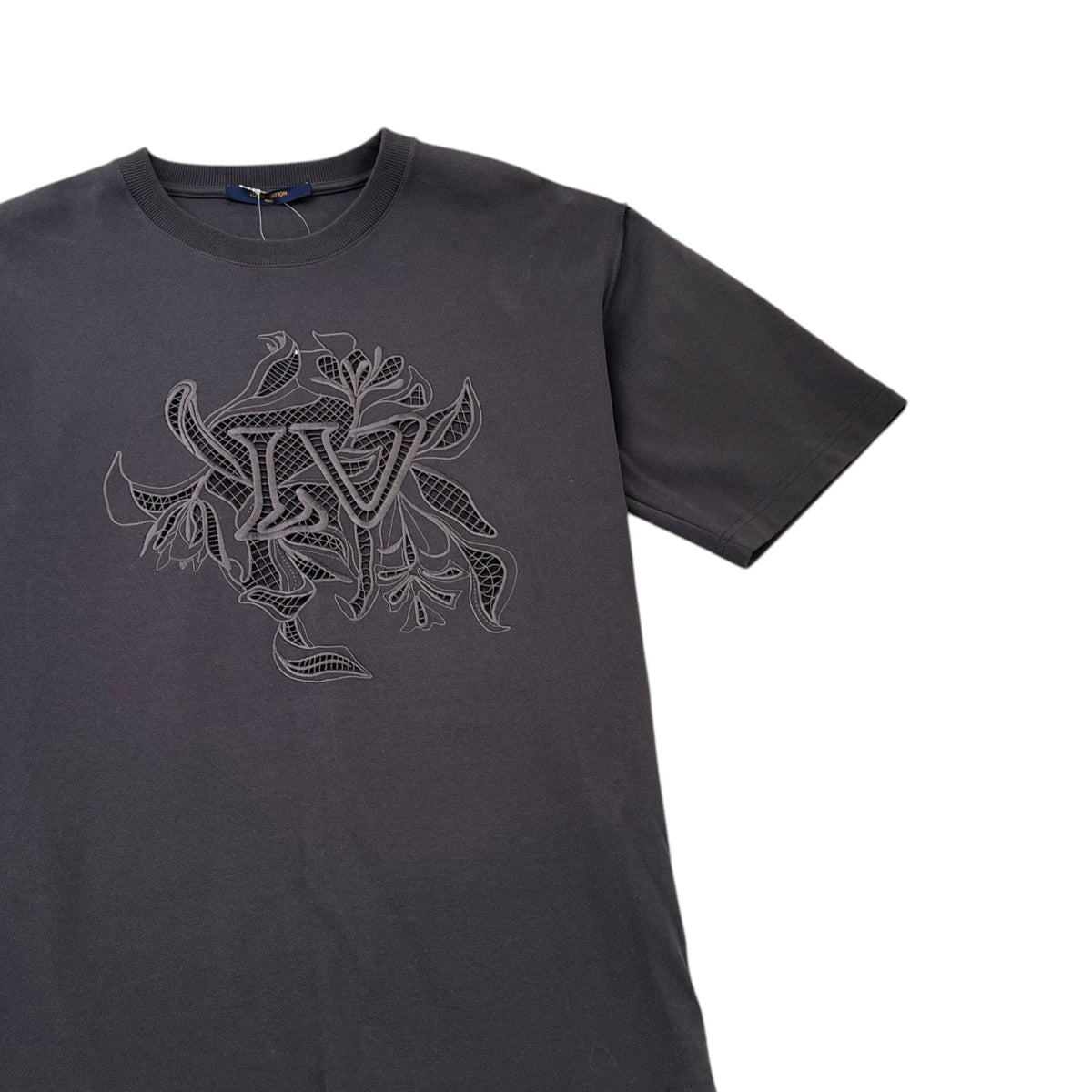 Men's Vegetal Lace Embroidery T-Shirt Charcoal Size XXL - Photo 3