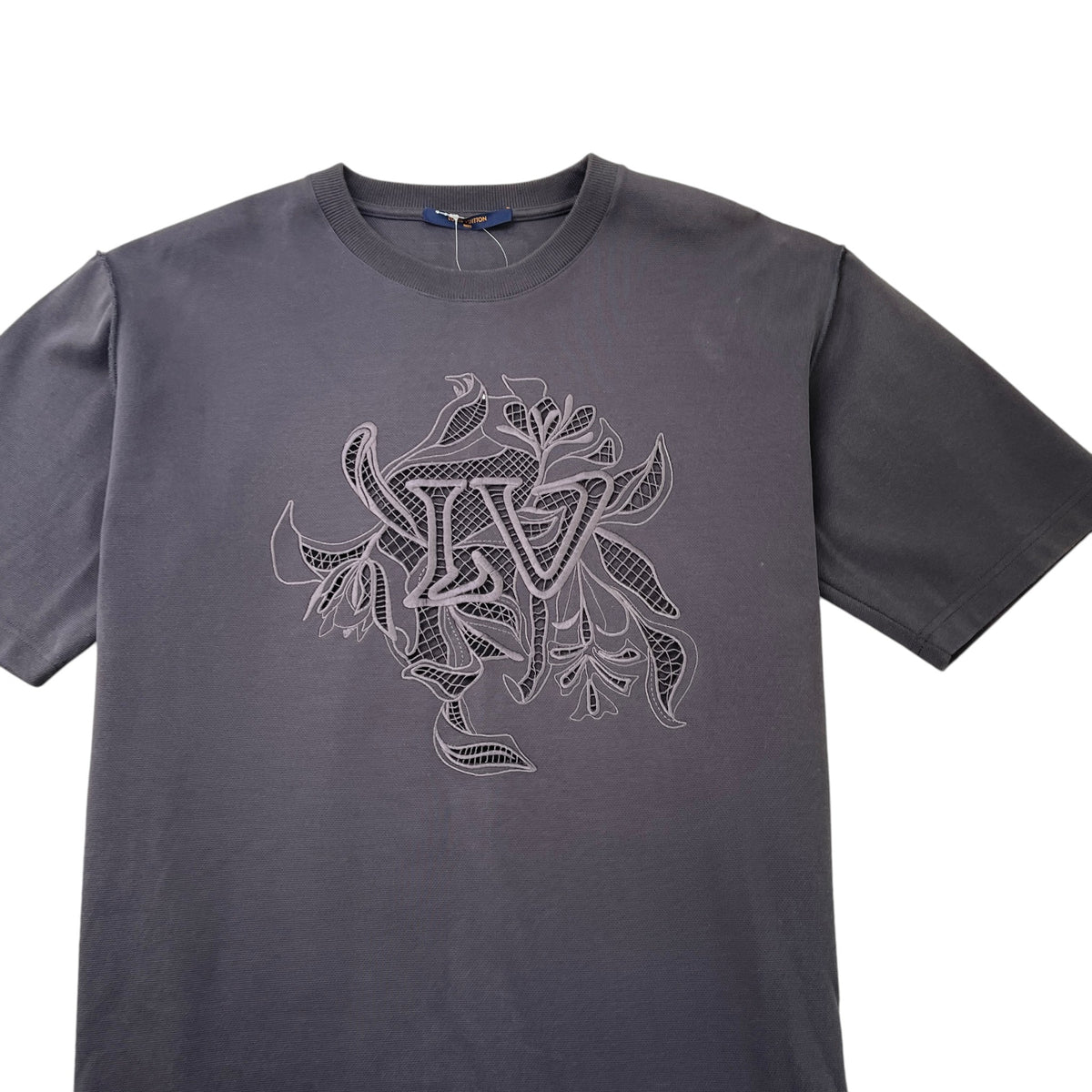 Men's Vegetal Lace Embroidery T-Shirt Charcoal Size XXL - Photo 5