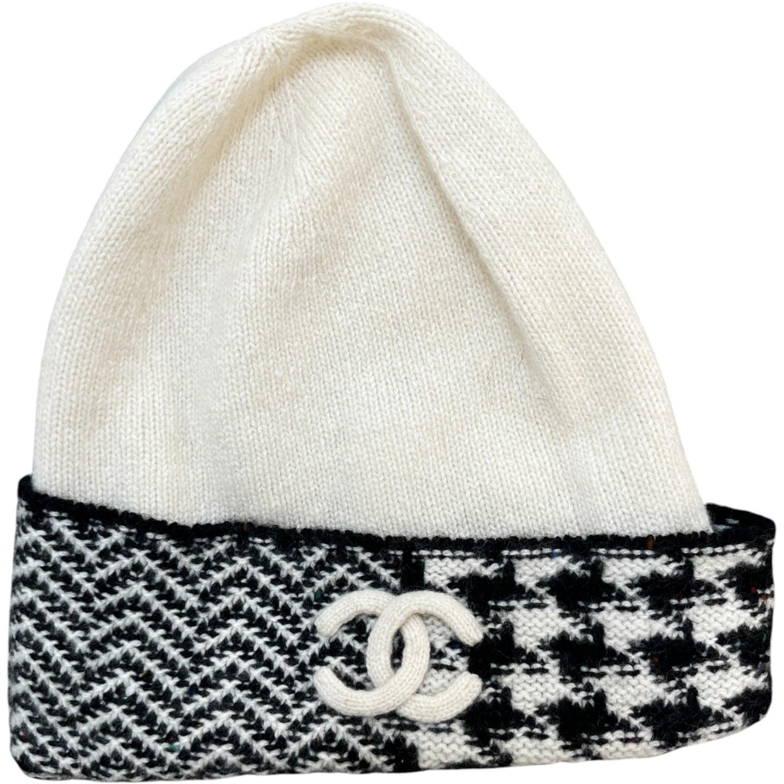 Women's Cc Houndstooth Beanie Hat White - Photo 1