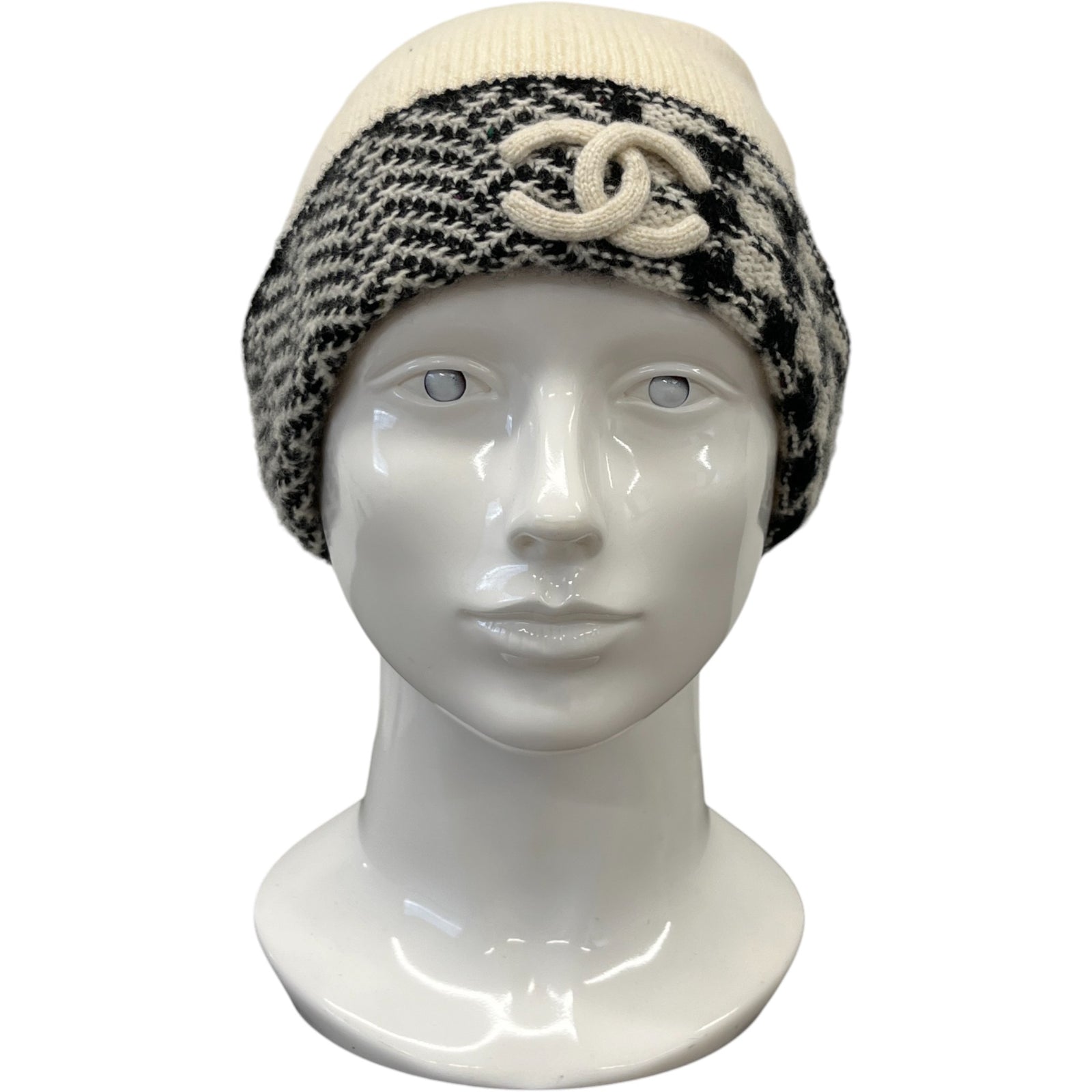 Women's Cc Houndstooth Beanie Hat White - Photo 2