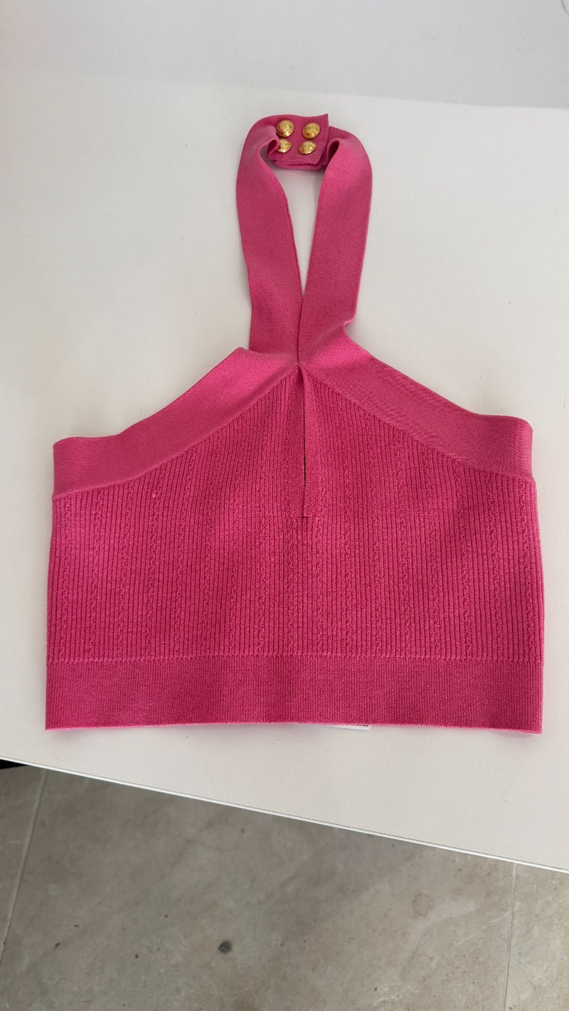 Women's Halterneck Knitted Cropped Top Pink Size S