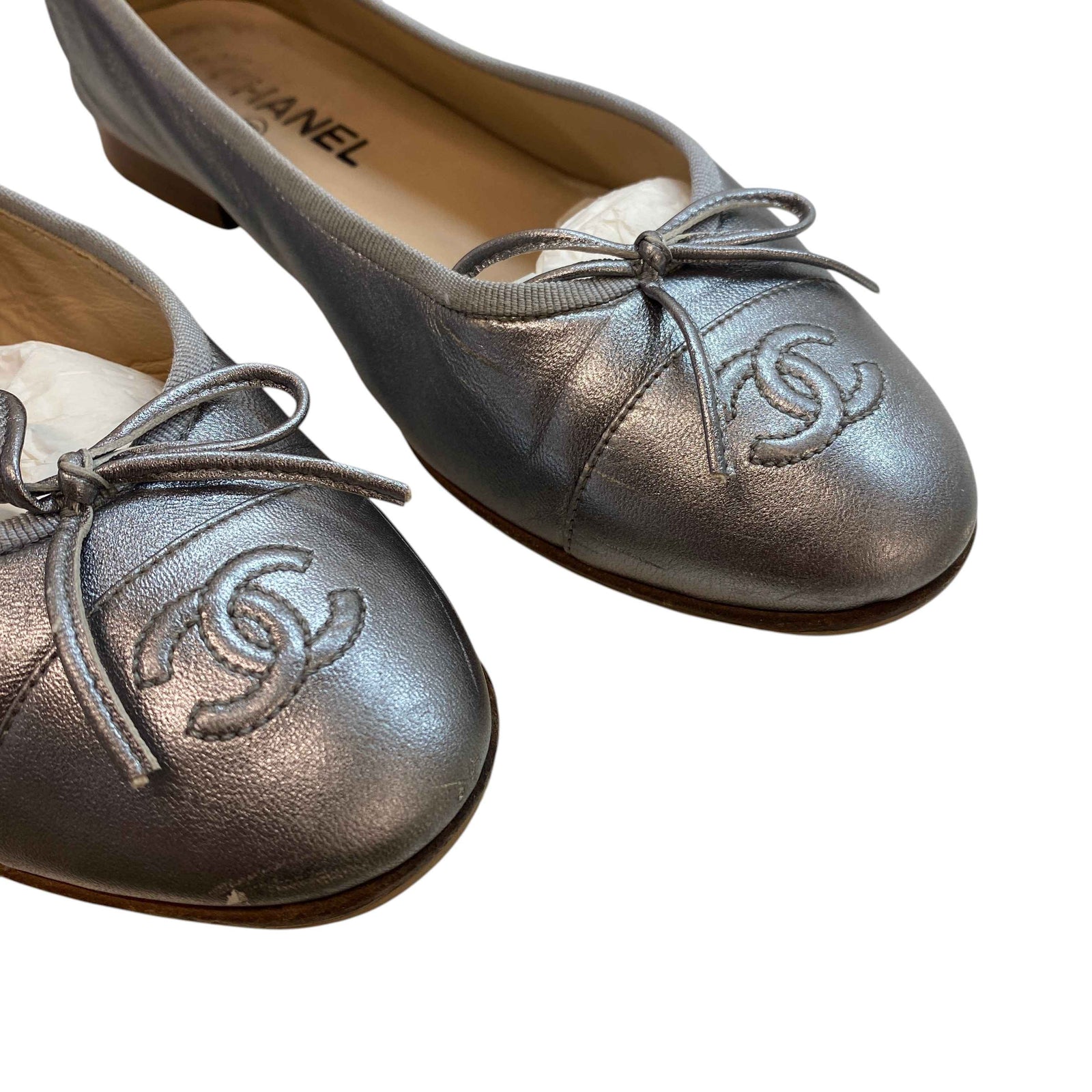 Women's Metallic Cc Cap Toe Ballet Flats Mules Silver Size EU 38.5 / UK 5.5 - Photo 13