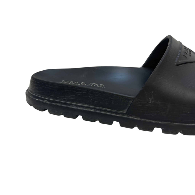 Men's Prada Triangle Logo Pool Slides Black Size UK 9 / EU 43